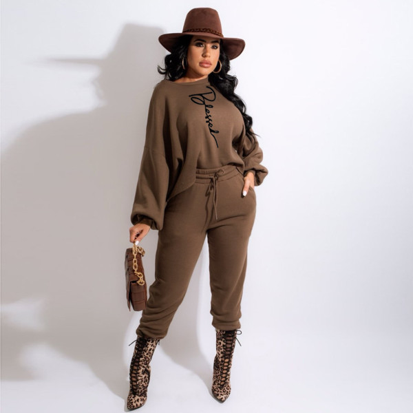 Letter hot melted solid color drop shoulder puff sleeves two-piece fashion women's suit