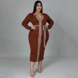 Women's 2021 autumn and winter new multi-color stitching lace-up temperament sexy plus size dress women