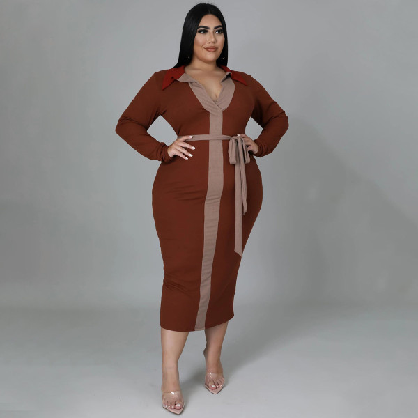 Women's 2021 autumn and winter new multi-color stitching lace-up temperament sexy plus size dress women