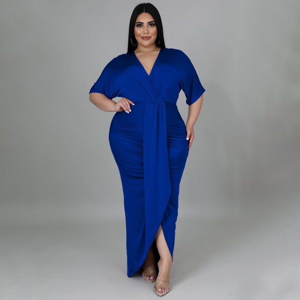 New fashion plus size women's sexy nightclub irregular long-sleeved V-neck dress