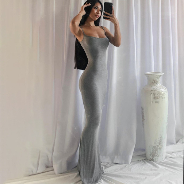 Women's 2021 autumn and winter new solid color stitching casual sleeveless high waist slim long dress