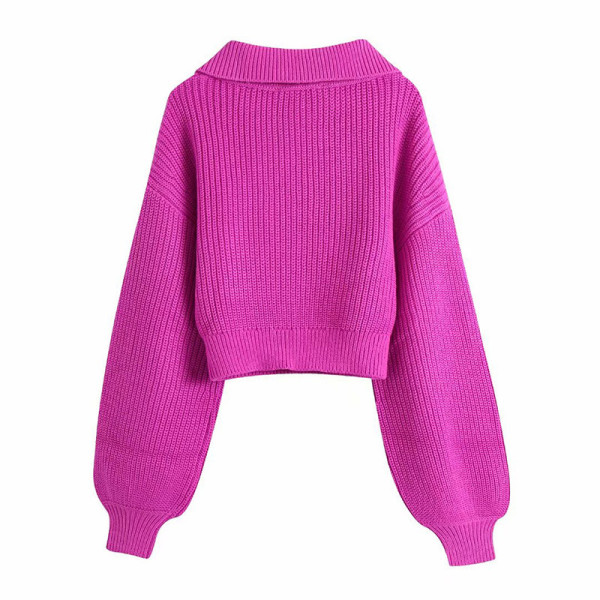 New lapel balloon sleeve short sweater knit sweater women