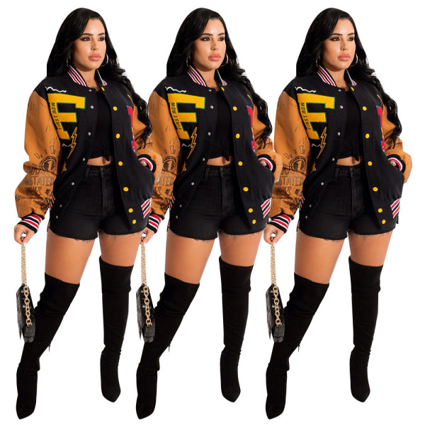 Women's autumn and winter new color matching press button fashion printing double-layer threaded baseball uniform jacket