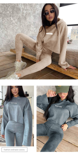 Sexy women's sports yoga hoodie autumn deerskin velvet print hooded short sweater women suit