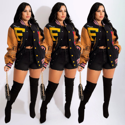 Women's autumn and winter new color matching press button fashion printing double-layer threaded baseball uniform jacket