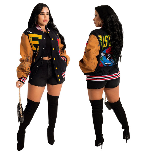 Women's autumn and winter new color matching press button fashion printing double-layer threaded baseball uniform jacket