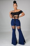 New style solid color casual washed denim flared pants with straps for autumn and winter