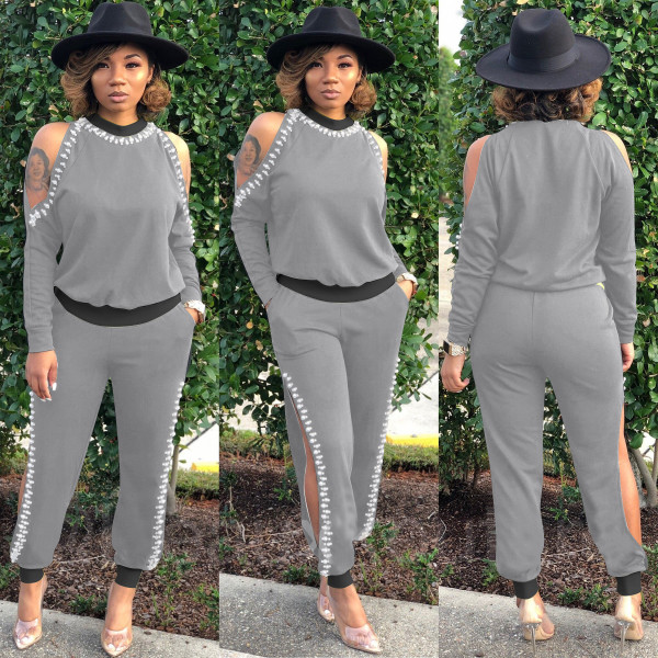 Women's autumn and winter new hollow nail pearl strapless sexy fashion two-piece suit