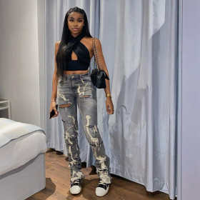 New women's fashion ripped straight leg pants high waist washed white slim jeans women