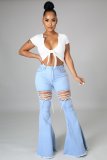 New style solid color casual washed denim flared pants with straps for autumn and winter