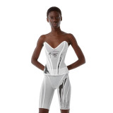 New women's sexy low-cut mesh gauze printed fishbone waist coat and hip shorts suit