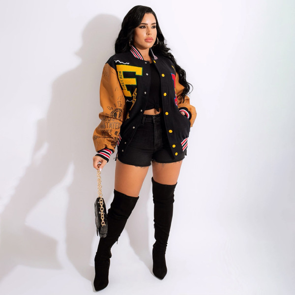 Women's autumn and winter new color matching press button fashion printing double-layer threaded baseball uniform jacket