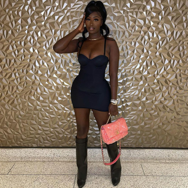Women's new sexy low-cut sling tight-fitting high-waist solid color hip short dress