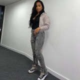 New women's fashion ripped straight leg pants high waist washed white slim jeans women