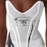 New women's sexy low-cut mesh gauze printed fishbone waist coat and hip shorts suit