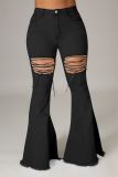 New style solid color casual washed denim flared pants with straps for autumn and winter