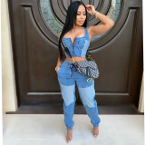 Ladies blue denim high waist zipper two-piece denim