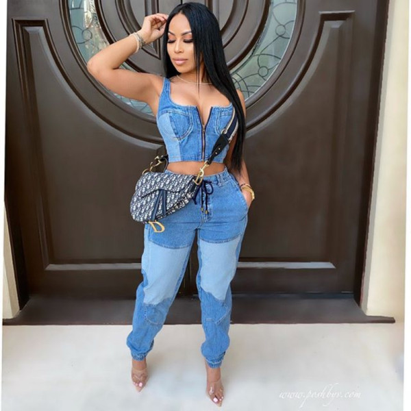 Ladies blue denim high waist zipper two-piece denim
