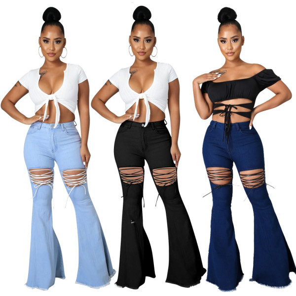 New style solid color casual washed denim flared pants with straps for autumn and winter