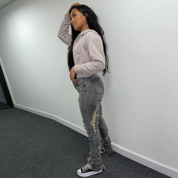 New women's fashion ripped straight leg pants high waist washed white slim jeans women