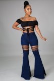 New style solid color casual washed denim flared pants with straps for autumn and winter
