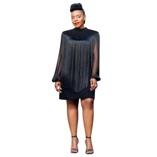 Ladies Fringe Shawl Dress Two-piece Chiffon Long Sleeve Skirt Set