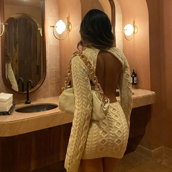 Fashion trend women's new long-sleeved round neck halter back slimming knitted dress with hips