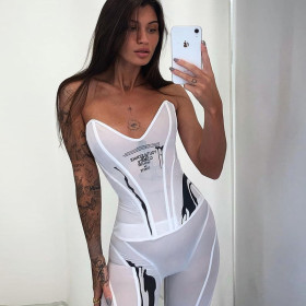 New women's sexy low-cut mesh gauze printed fishbone waist coat and hip shorts suit