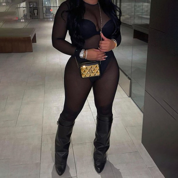 Autumn women's clothing new sexy mesh perspective stitching high waist tight-fitting casual jumpsuit women