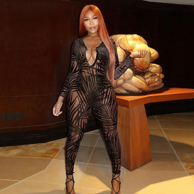 Autumn new women's sexy net gauze perspective printing high-waist skinny sports casual jumpsuit