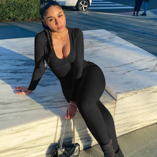 Women's new sexy low-cut hips high waist tight-fitting long-sleeved casual fitness jumpsuit