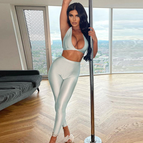 Women's winter new style halter neck strap bra open back high waist skinny sports trousers suit
