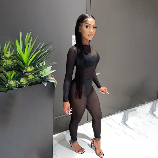 Autumn women's clothing new sexy mesh perspective stitching high waist tight-fitting casual jumpsuit women