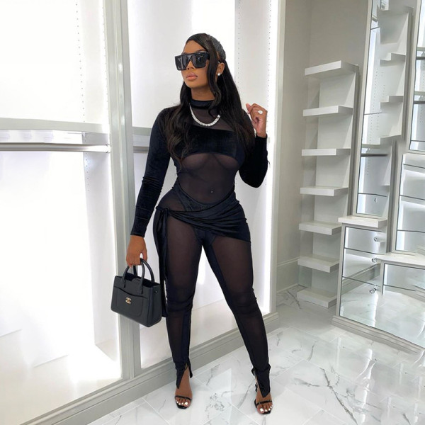 Women's new sexy mesh see-through velvet stitching high-waist buttocks tights