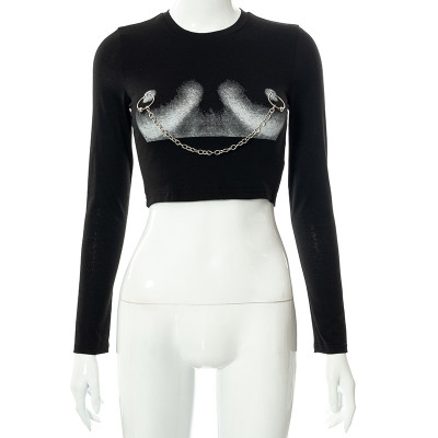 Women's 2021 Summer New Printed Round Neck Long Sleeve Navel Chain T-shirt Casual Top A21TP163-1