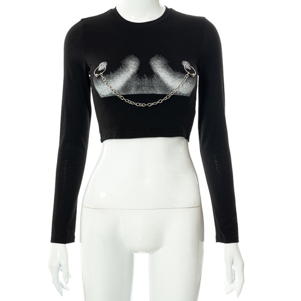 Women's 2021 Summer New Printed Round Neck Long Sleeve Navel Chain T-shirt Casual Top A21TP163-1