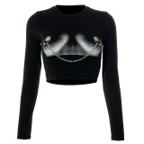 Women's 2021 Summer New Printed Round Neck Long Sleeve Navel Chain T-shirt Casual Top A21TP163-1