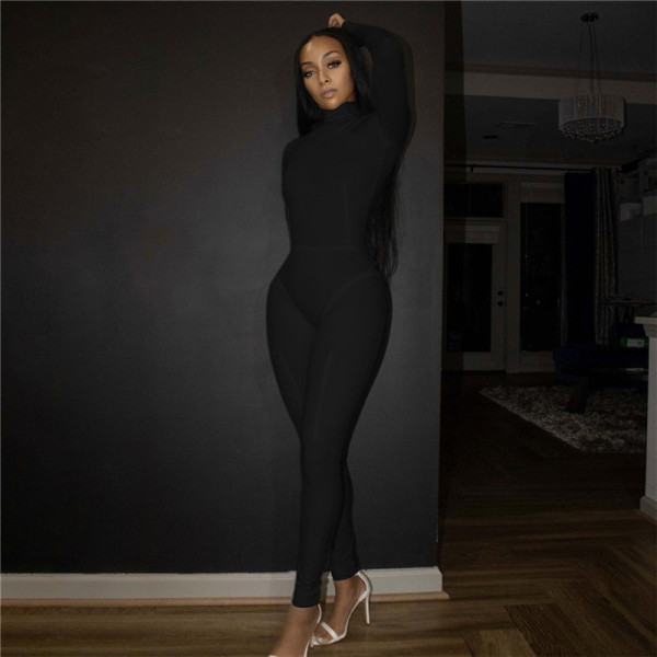 Autumn women's new sexy hip-lifting tight-fitting high-neck solid color casual sports fitness jumpsuit