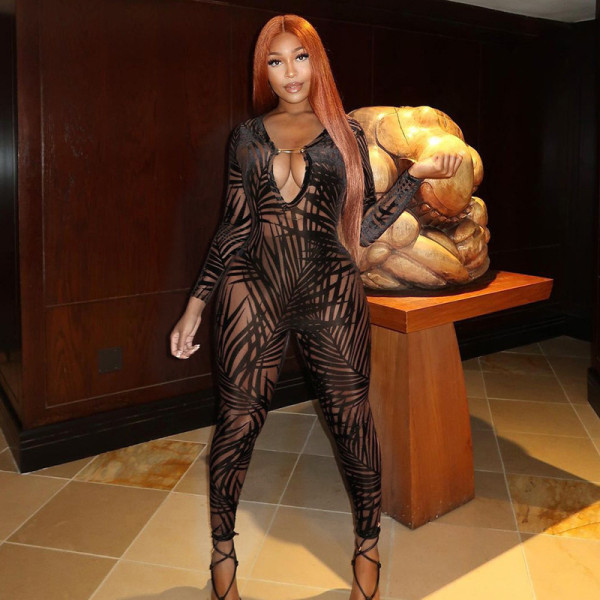 Autumn new women's sexy net gauze perspective printing high-waist skinny sports casual jumpsuit