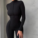 Autumn and winter women's new fashion high-neck tight-fitting high-waist solid color casual sports jumpsuit women