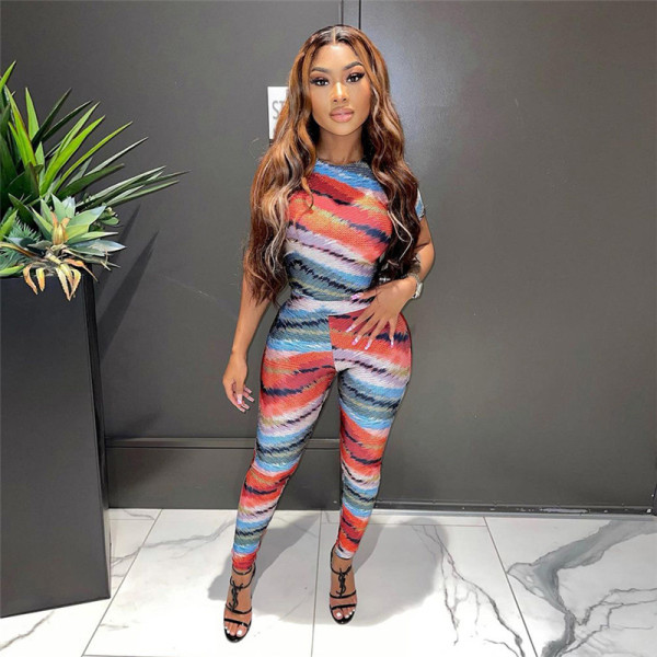 Autumn women's new style fashion printed slim short-sleeved shirt high-waist tight trousers suit women