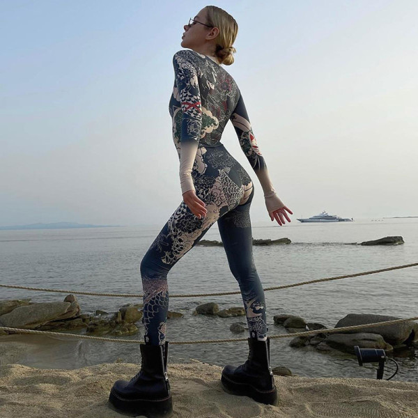 2021 Fall New Women's Fashion Retro Chinese Style Printed High Waist Skinny Sports Jumpsuit