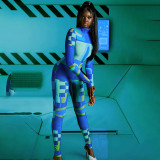 Women's 2021 winter new printed long-sleeved stand-up collar tight sports trousers jumpsuit women