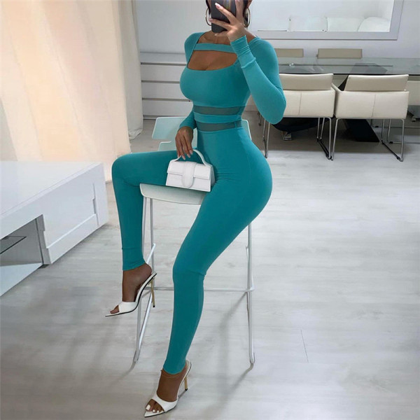 2021 autumn women's new sexy low-cut mesh stitching high-waist tight-fitting casual sports jumpsuit
