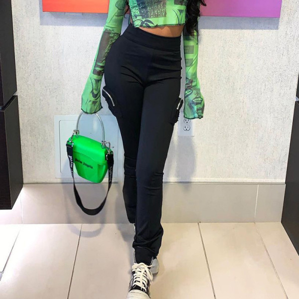 Women's 2021 winter new solid color casual two-side zipper pockets micro-flared trousers for women