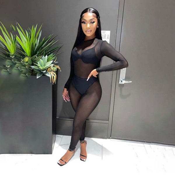 Autumn women's clothing new sexy mesh perspective stitching high waist tight-fitting casual jumpsuit women