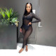 Autumn women's clothing new sexy mesh perspective stitching high waist tight-fitting casual jumpsuit women