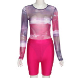 Autumn women's new sexy mesh see-through printing tight-fitting one-piece suit hip shorts suit
