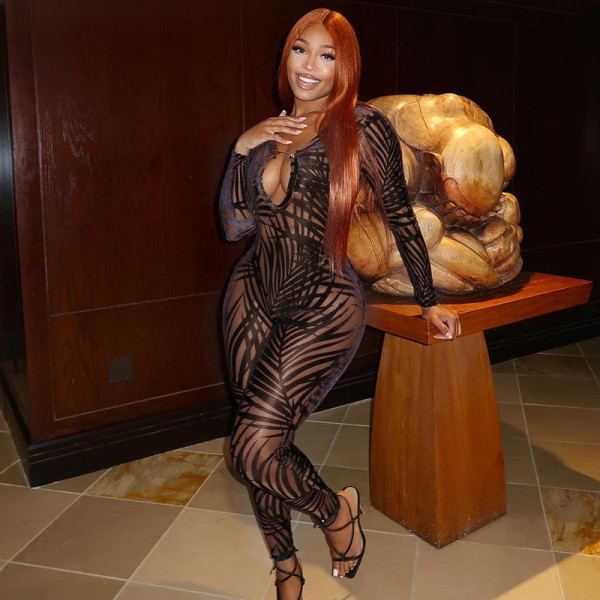 Autumn new women's sexy net gauze perspective printing high-waist skinny sports casual jumpsuit