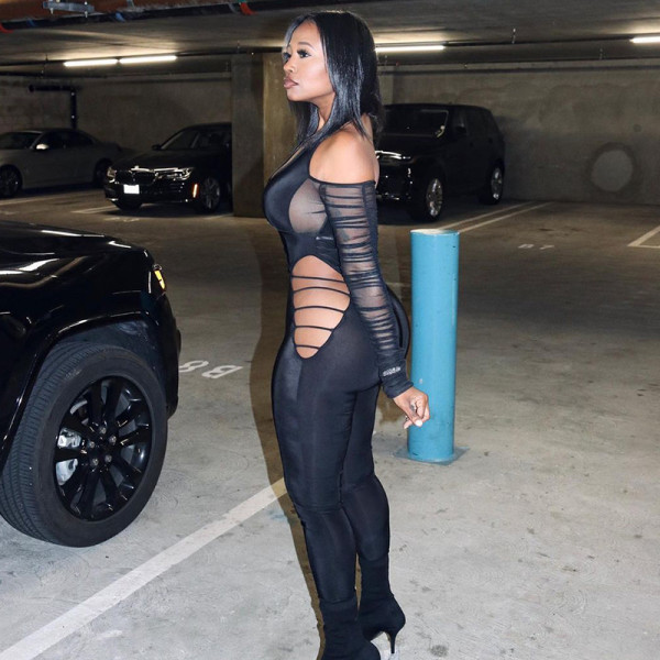 Women's winter new style mesh gauze hollow long-sleeved hanging neck waistless casual trousers jumpsuit women